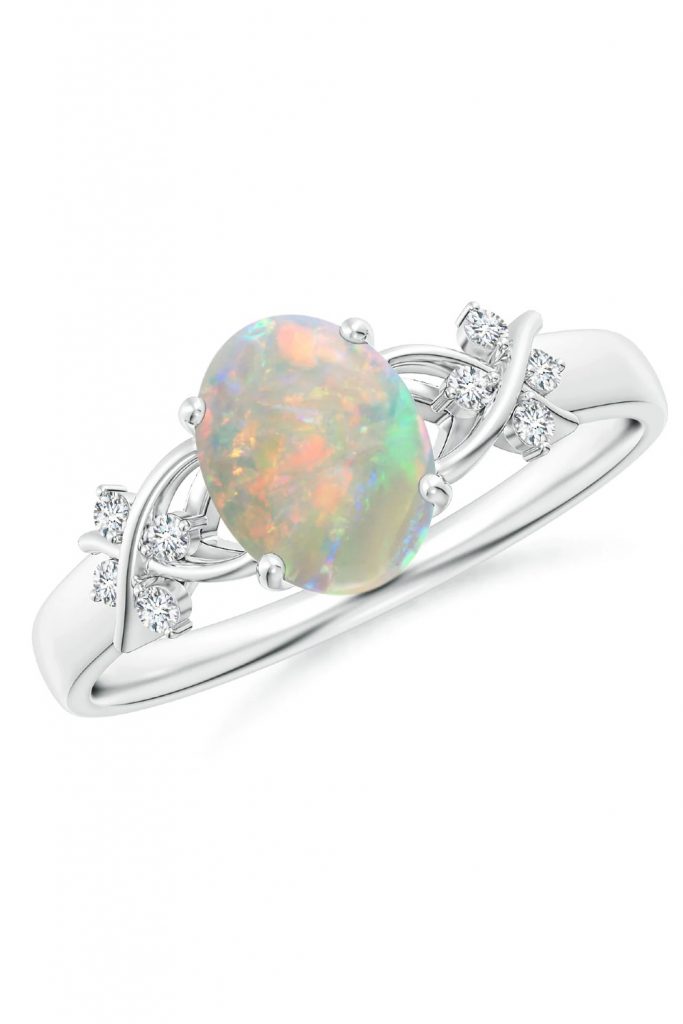 Solitaire Oval Opal Criss Cross Ring with Diamonds